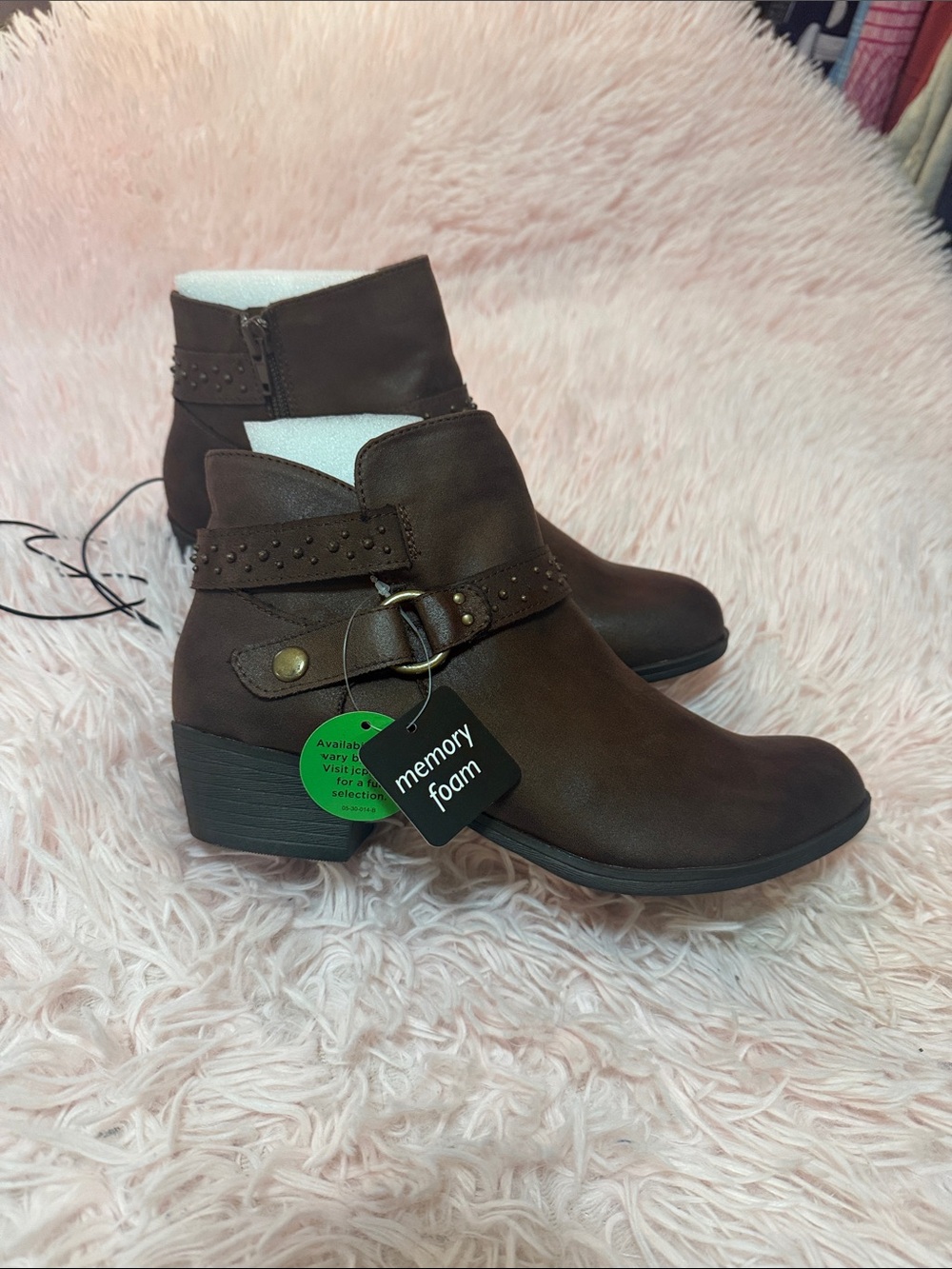 NWT Women's Brown Memory Foam Ankle Boots with Studded Strap